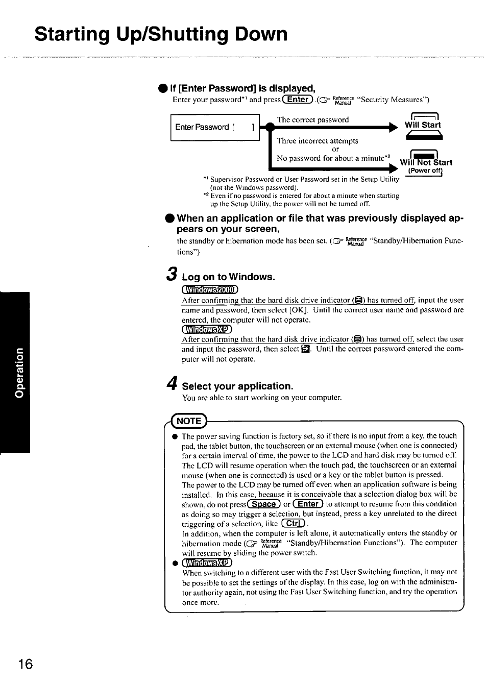 Starting up/shutting down, If [enter password] is displayed, Enter password | Log on to windows, 4wind5wsf2000l, Iwinclows^xrl, Select your application, 4winclôwsfxri | Panasonic CF-18 User Manual | Page 16 / 44