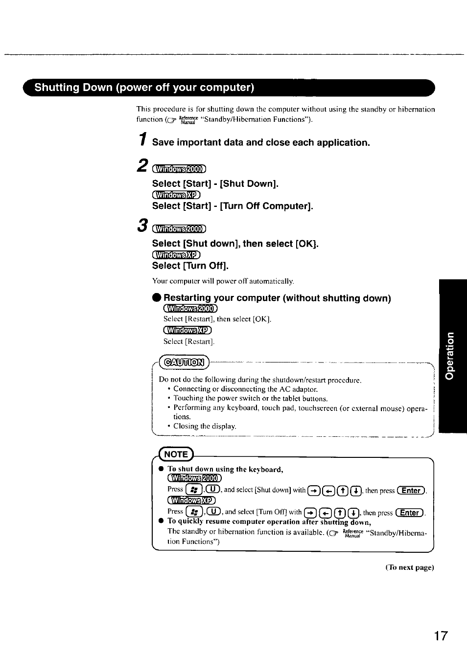 Shutting down (power off your computer), Save important data and close each application, 4win9owsi2000 | Select [start] - [shut down, Select [start] - [turn off computer, Iwir^o^2000), Select [shut down], then select [ok, Select [turn off, Restarting your computer (without shutting down), 4winclo^2000l | Panasonic CF-18 User Manual | Page 17 / 44