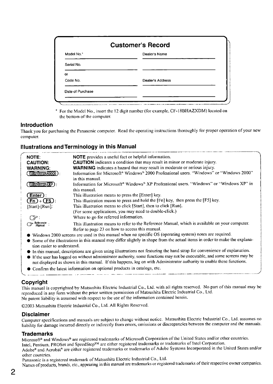 Introduction, Illustrations and terminology in this manual, Copyright | Disclaimer, Trademarks, Customer's record | Panasonic CF-18 User Manual | Page 2 / 44