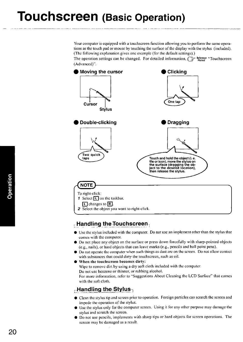 Touchscreen (basic operation), Moving the cursor, Cursor | Stylus, Double-clicking, Dragging, Handimg the touchscreen, Handling the stylus, Touchscreen, Basic operation) | Panasonic CF-18 User Manual | Page 20 / 44