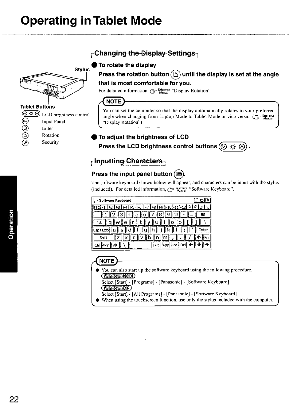 Operating in tablet mode, Pghanging the-display settings-j, To rotate the display | Inputting characters 1, Press the input panel button ^), Twindowsrxrl, Fiwfyir, Fi^lltiffifirblfifirinmitlr, C? i | Panasonic CF-18 User Manual | Page 22 / 44