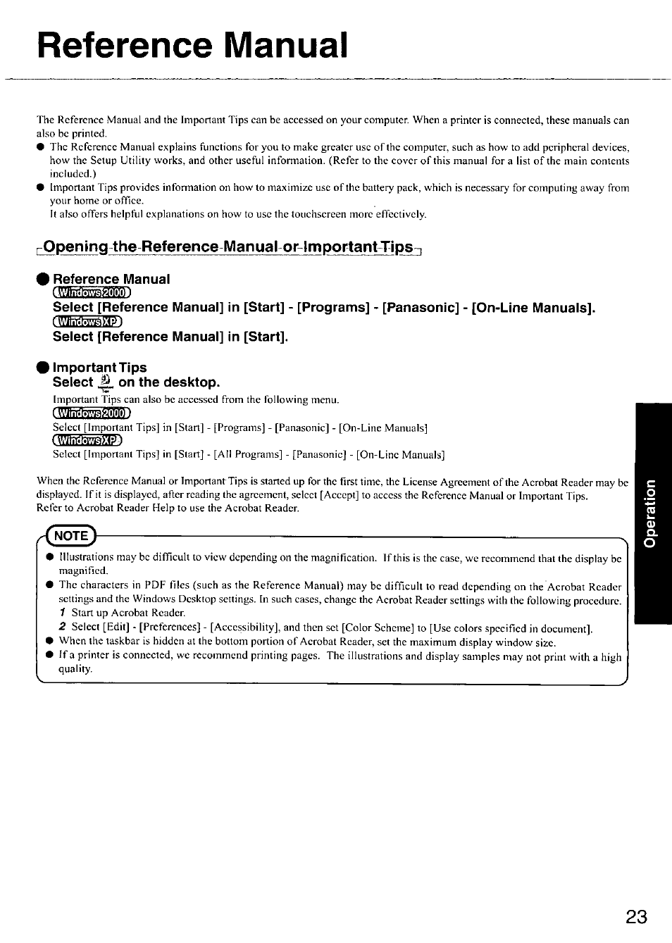 Reference manual, Ropening the reference manual or important tipsn, Important tips | Select ^ on the desktop, Lwindow5f2000l, N0te | Panasonic CF-18 User Manual | Page 23 / 44