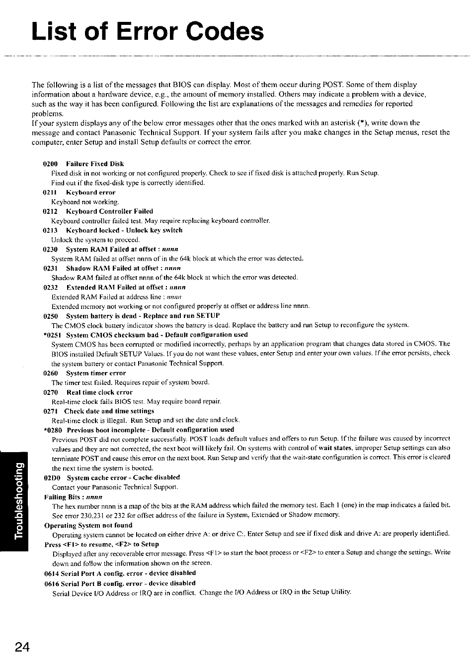 List of error codes | Panasonic CF-18 User Manual | Page 24 / 44