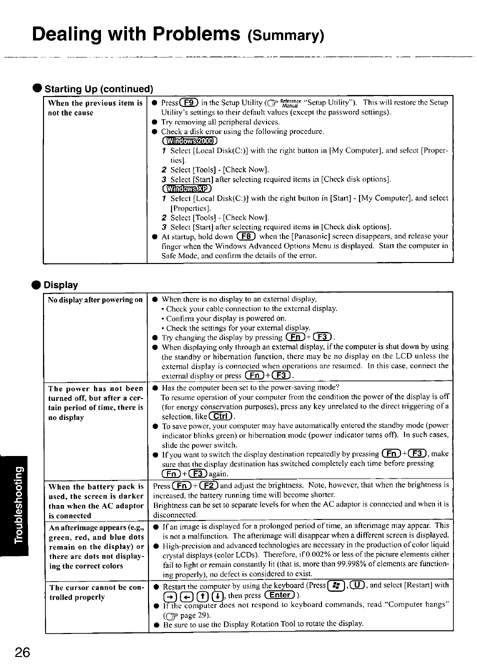 Starting up (continued), 4wiñ3ows)xrí, Display | Dealing with problems, Summary) | Panasonic CF-18 User Manual | Page 26 / 44
