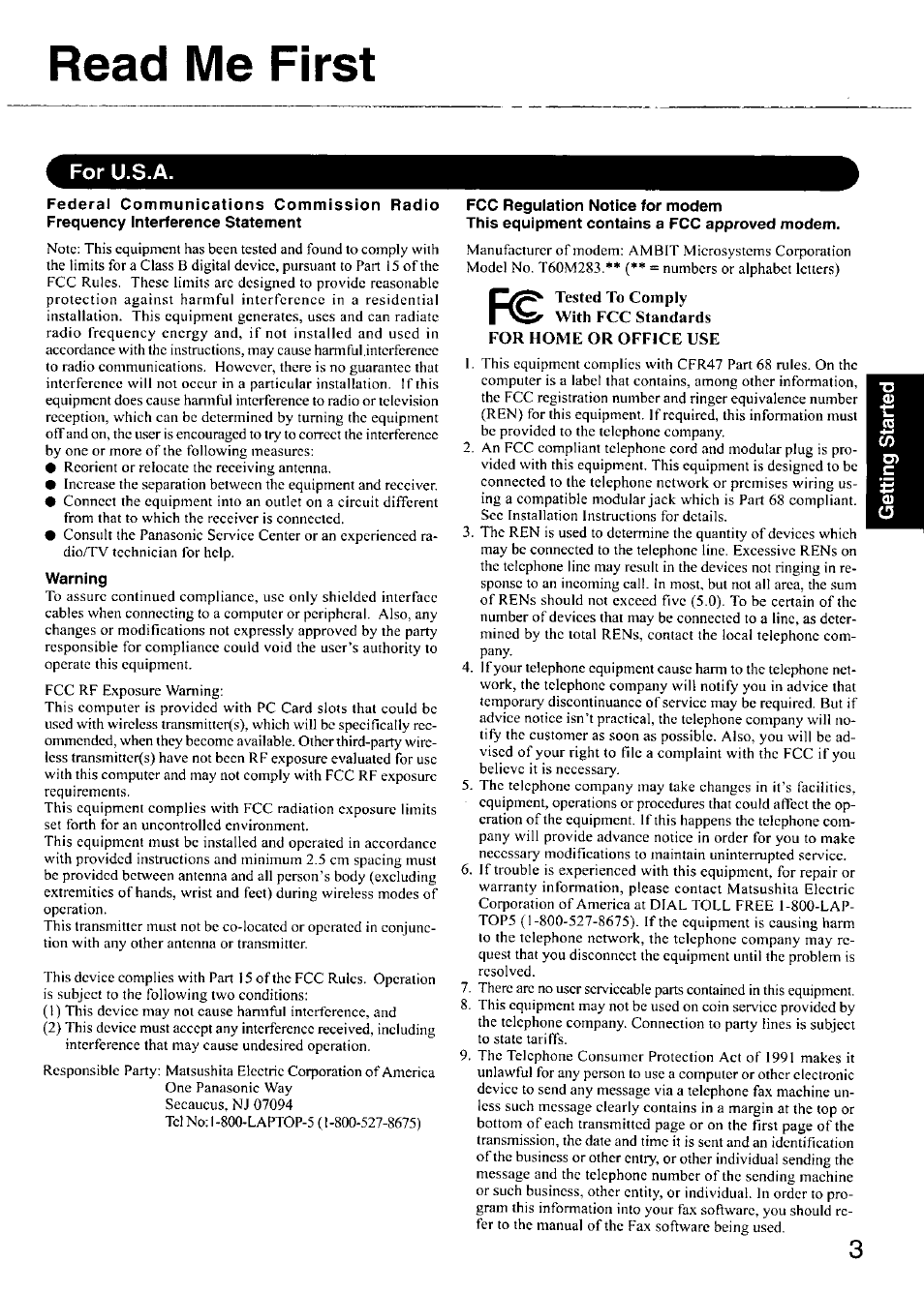 Read me first, For u.s.a, Warning | Fcc regulation notice for modem, This equipment contains a fcc approved modem | Panasonic CF-18 User Manual | Page 3 / 44