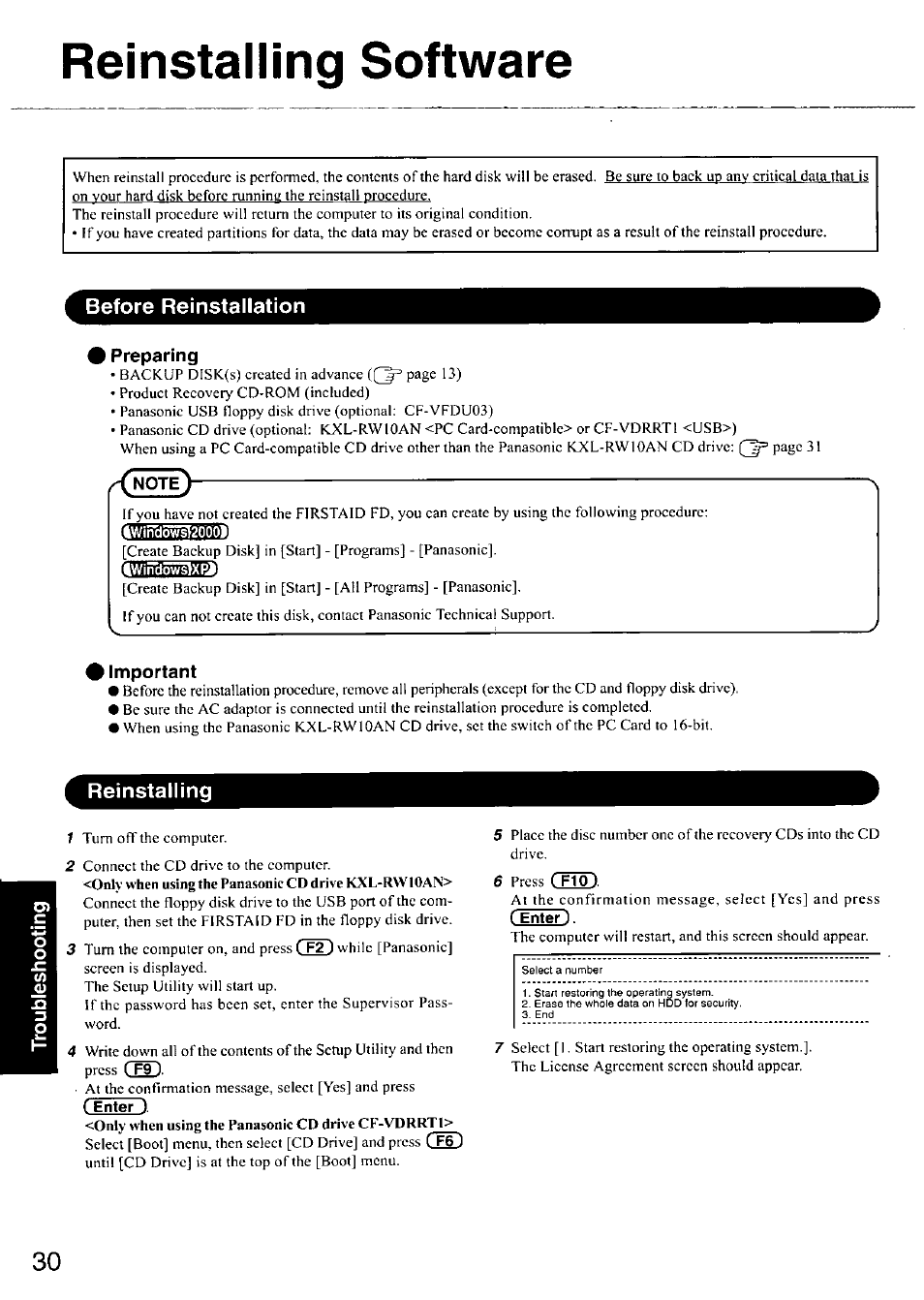 Reinstalling software, Before reinstallation, Preparing | Twinäöw^xßi, Important, Reinstalling, 6 press c fi 0 | Panasonic CF-18 User Manual | Page 30 / 44