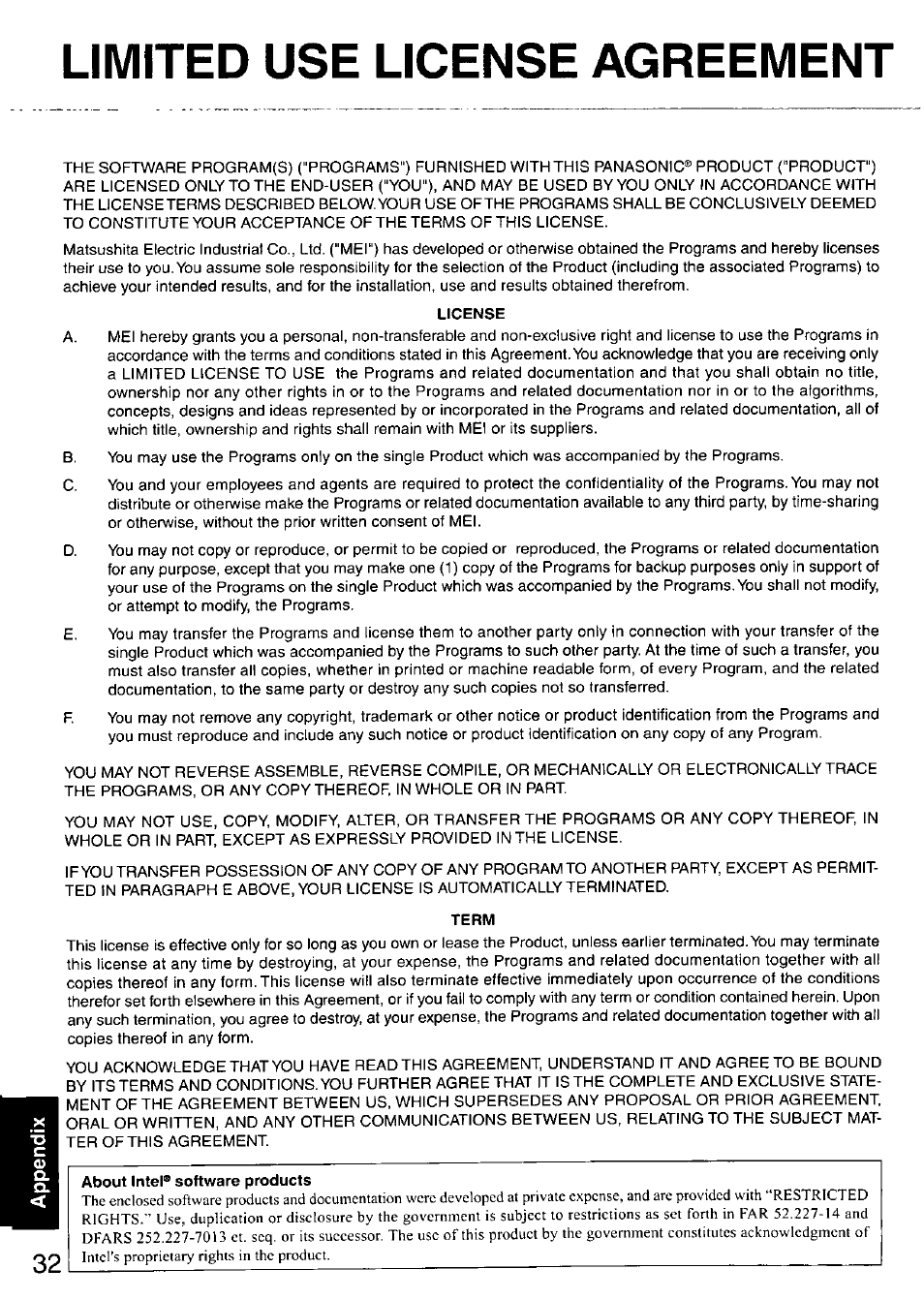 License, Term, About intel® software products | Limited use license agreement | Panasonic CF-18 User Manual | Page 32 / 44