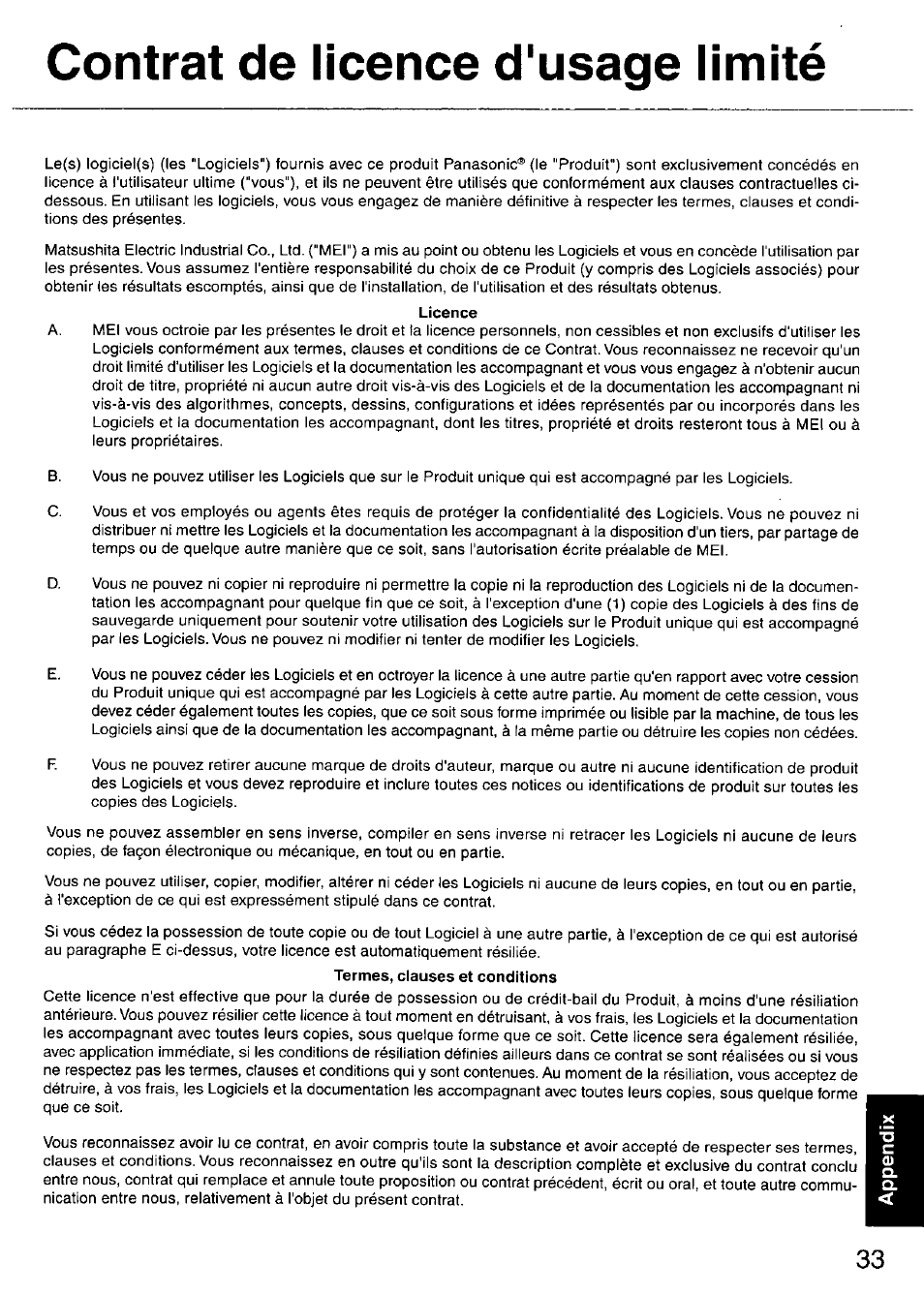 Contrat de licence d'usage limité, Licence | Panasonic CF-18 User Manual | Page 33 / 44