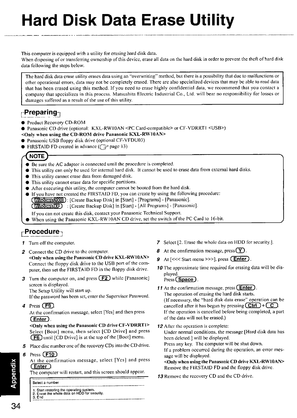 Hard disk data erase utility, Ppreparingj, Procedure | Enter ), Enter 0 | Panasonic CF-18 User Manual | Page 34 / 44