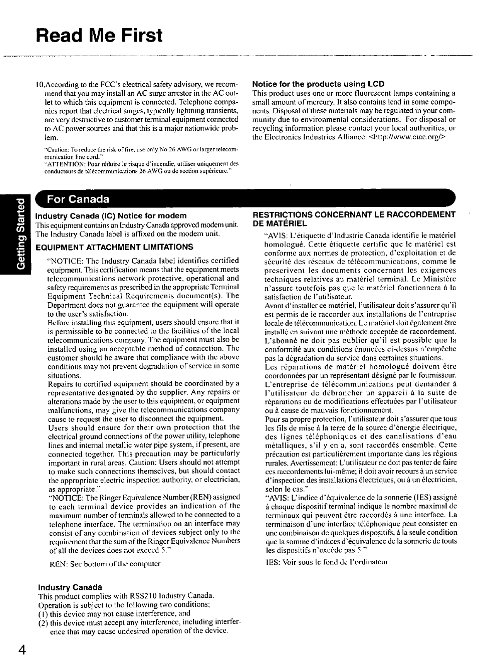 Notice for the products using lcd, For canada, Industry canada (1c) notice for modem | Equipment attachment limitations, Industry canada, Read me first | Panasonic CF-18 User Manual | Page 4 / 44