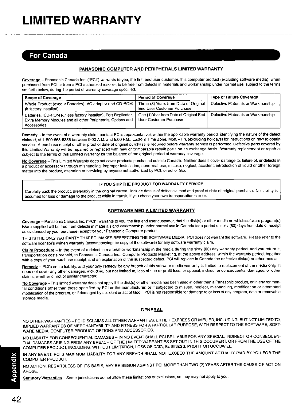 Limited warranty, For canada | Panasonic CF-18 User Manual | Page 42 / 44