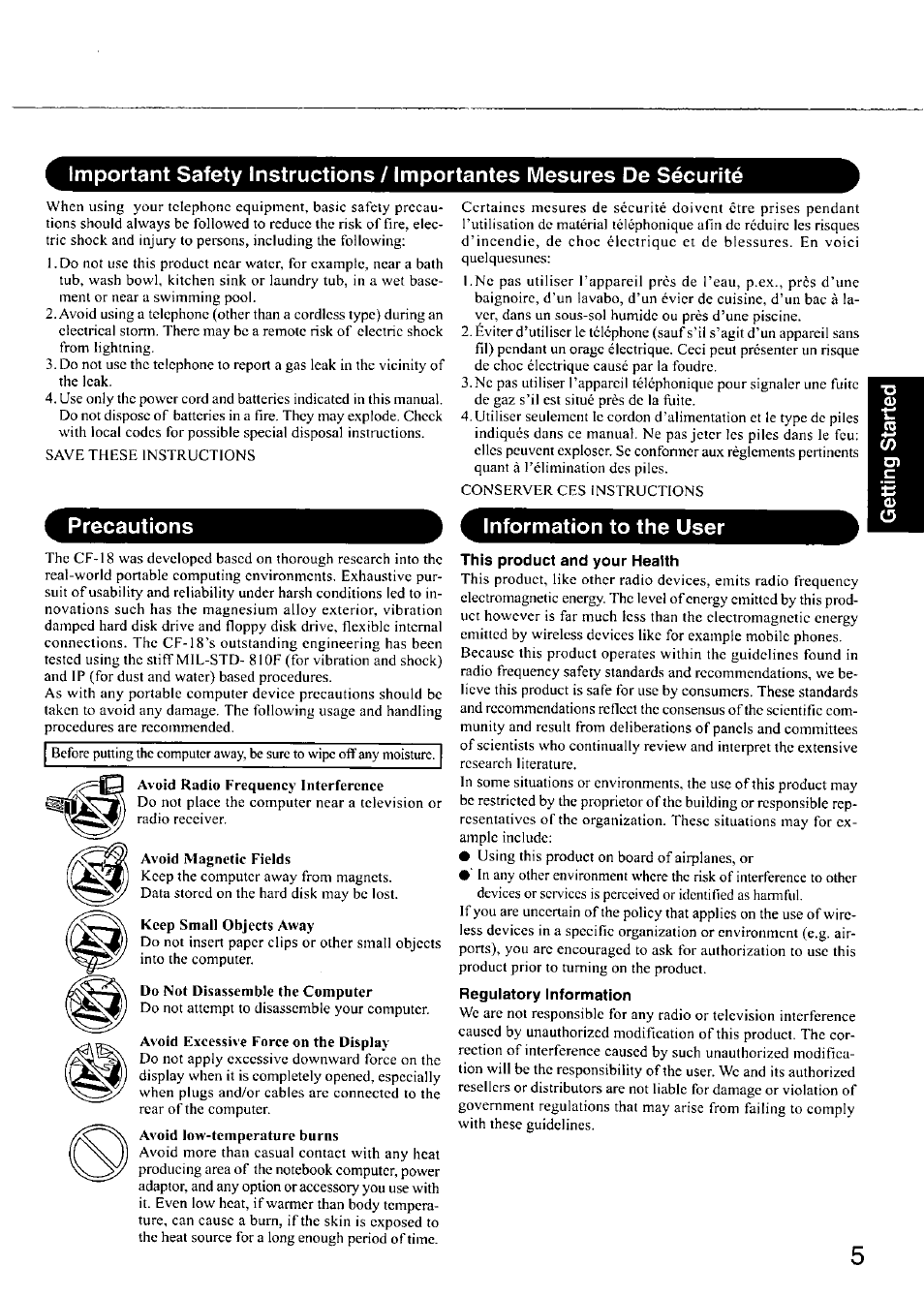 Information to the user, This product and your health, Regulatory information | Precautions | Panasonic CF-18 User Manual | Page 5 / 44