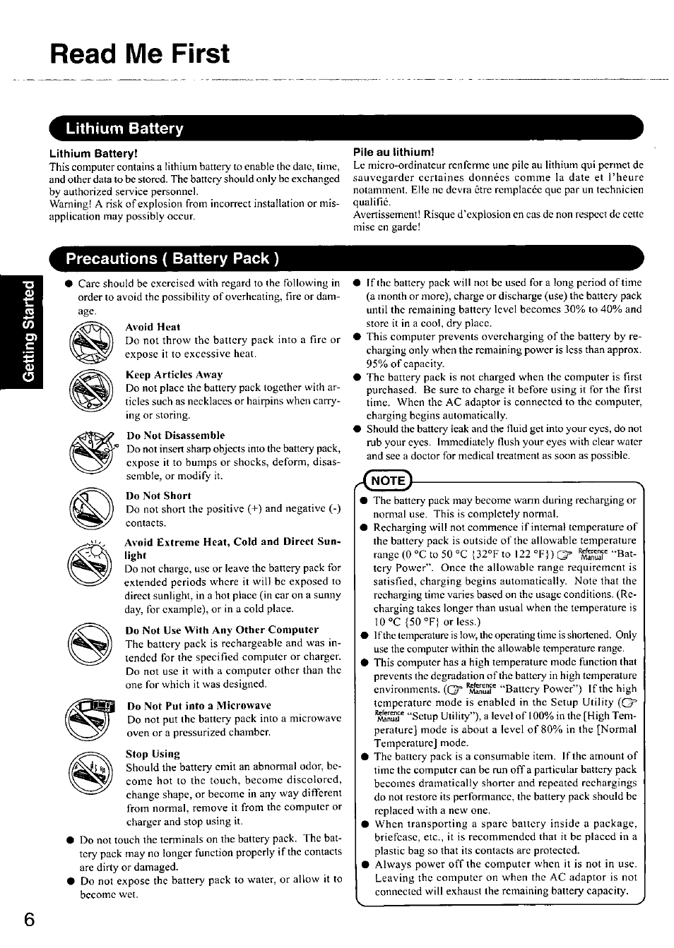 Lithium battery, Pile au lithium, Precautions ( battery pack ) | Read me first | Panasonic CF-18 User Manual | Page 6 / 44