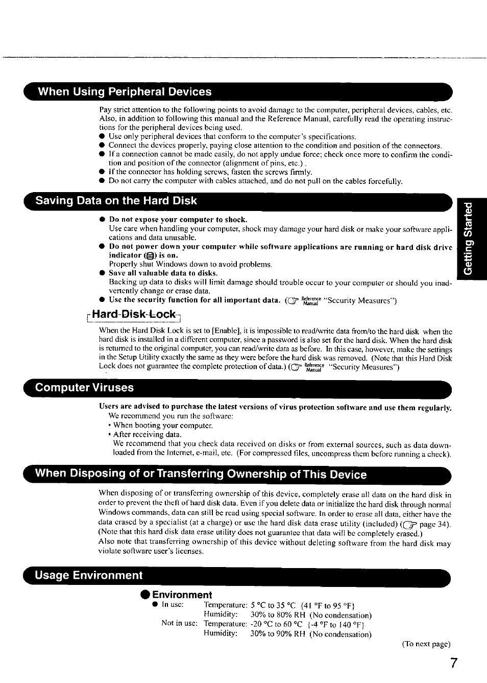 When using peripheral devices, Saving data on the hard disk, Hard disk-lock | Computer viruses, Usage environment, Environment | Panasonic CF-18 User Manual | Page 7 / 44