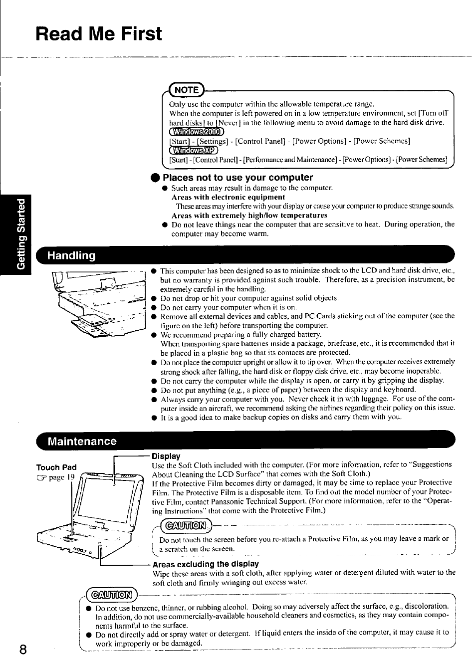 Handling, 4wiitdò^2000ì, Maintenance | Display, Areas excluding the display, Read me first | Panasonic CF-18 User Manual | Page 8 / 44