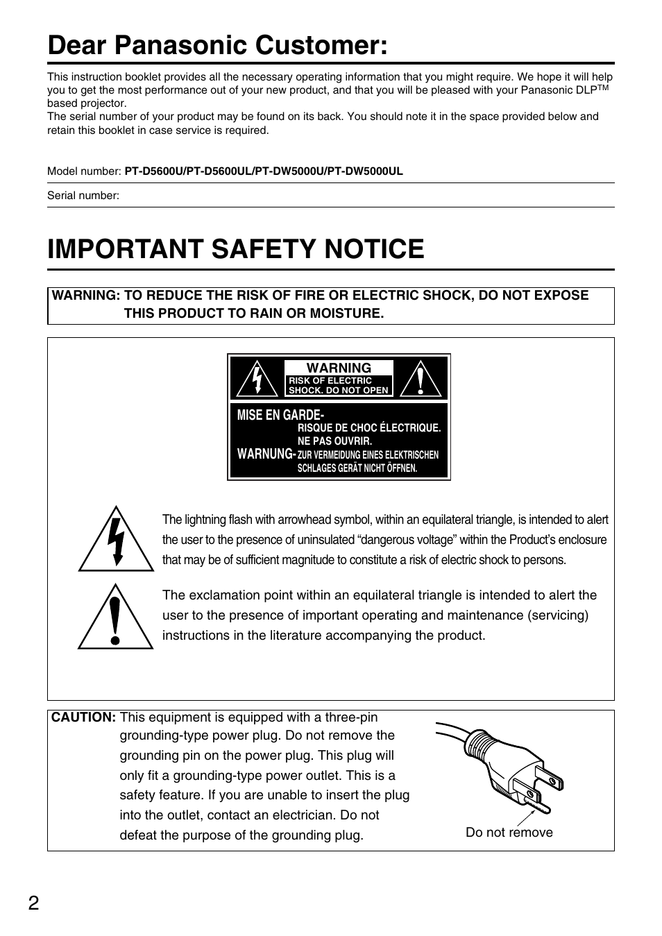 Important safety notice, Dear panasonic customer | Panasonic PT-D5600U User Manual | Page 2 / 68