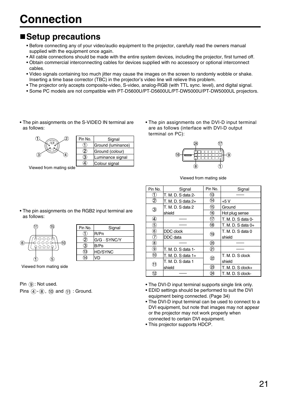 Connection, Setup precautions | Panasonic PT-D5600U User Manual | Page 21 / 68