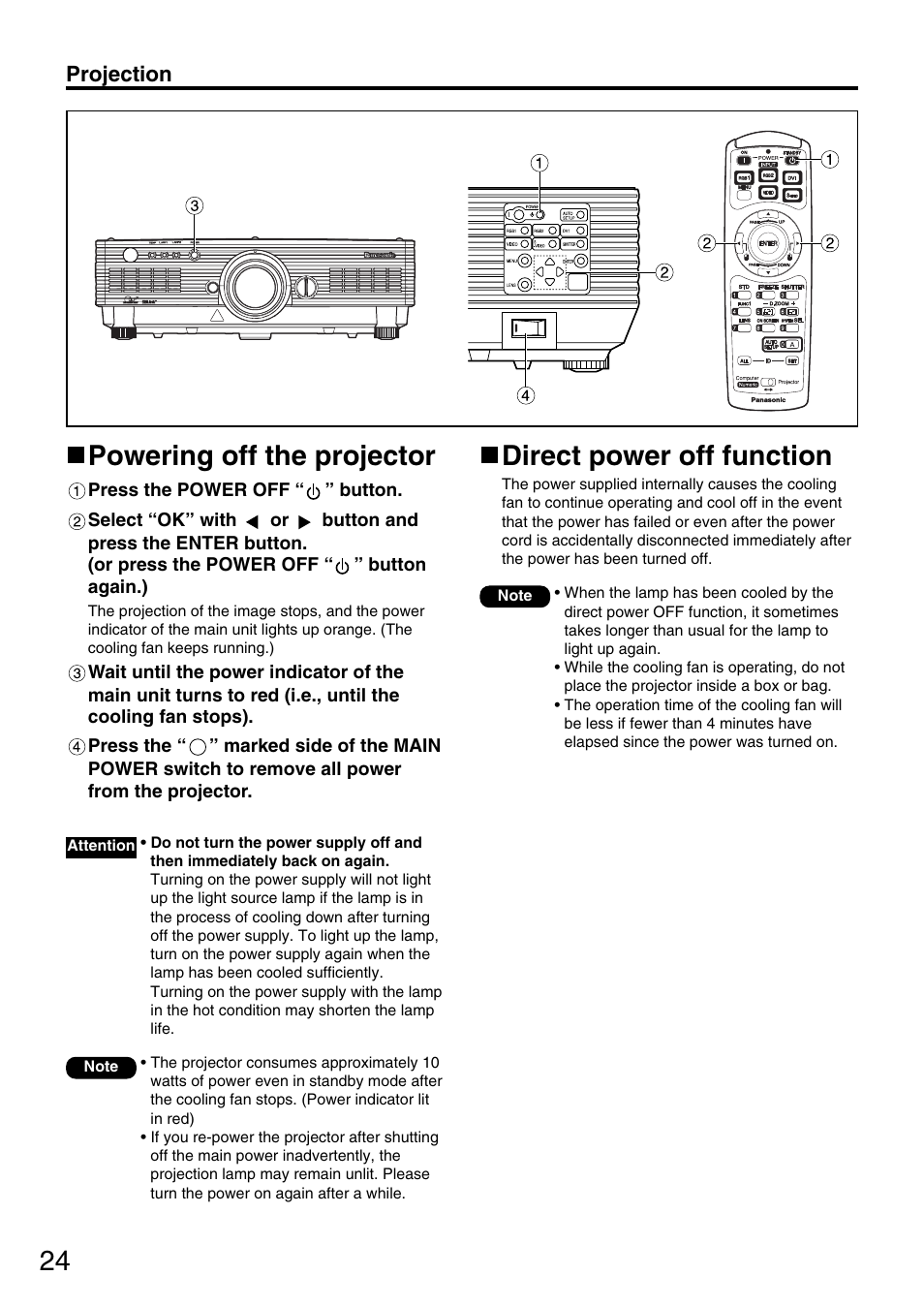 Powering off the projector, Direct power off function, Projection | Panasonic PT-D5600U User Manual | Page 24 / 68