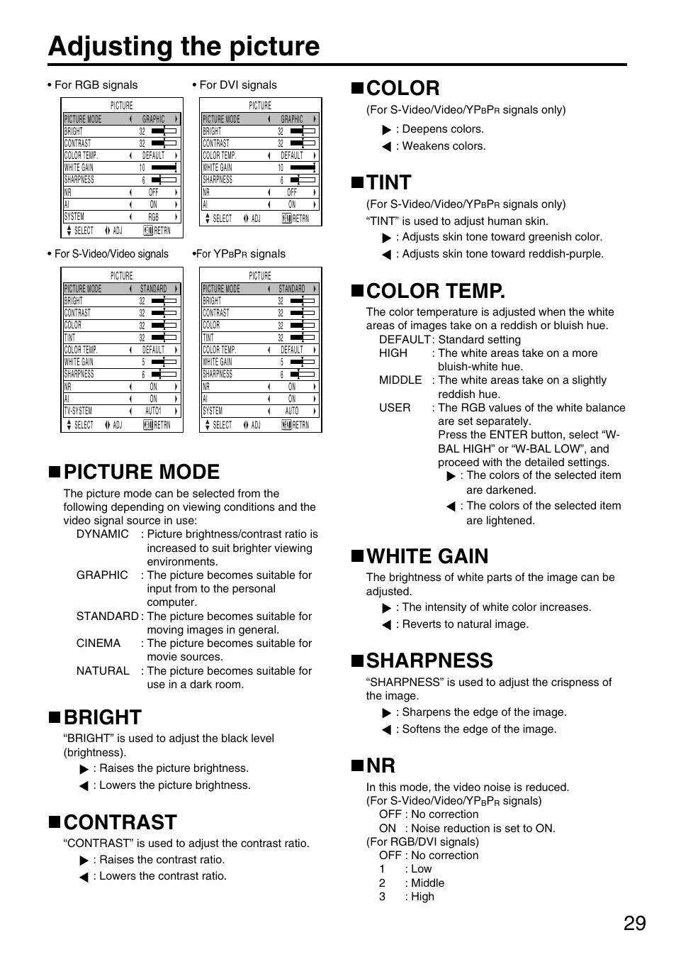 Adjusting the picture, Picture mode, Bright | Contrast, Color, Tint, Color temp, White gain, Sharpness | Panasonic PT-D5600U User Manual | Page 29 / 68
