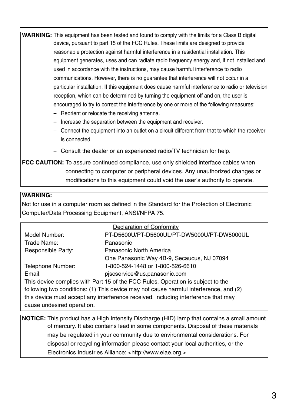 Panasonic PT-D5600U User Manual | Page 3 / 68