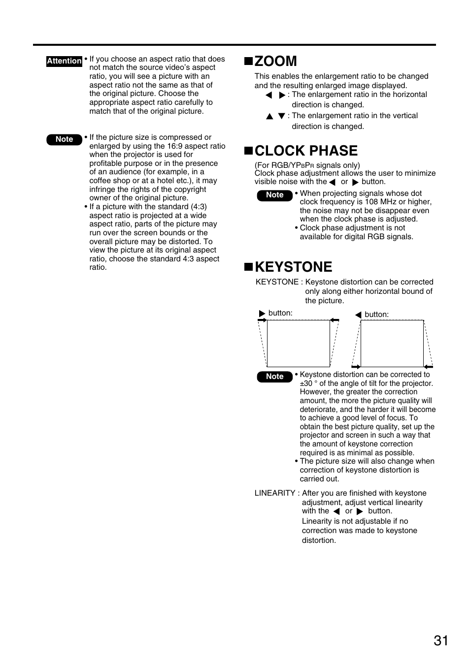 Zoom, Clock phase, Keystone | Panasonic PT-D5600U User Manual | Page 31 / 68