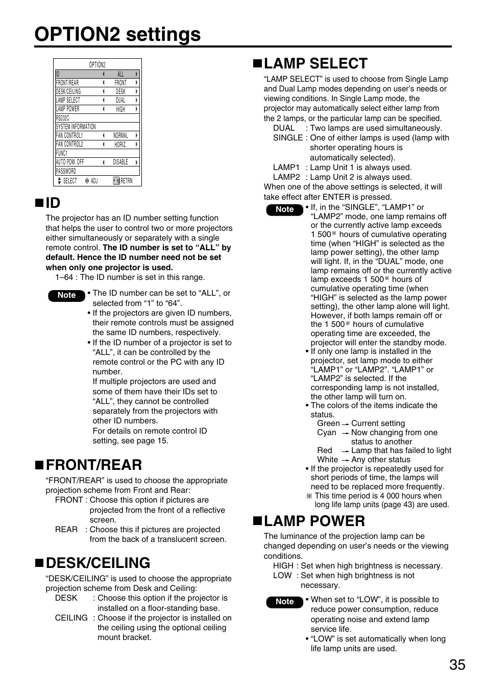 Option2 settings, Front/rear, Desk/ceiling | Lamp select, Lamp power | Panasonic PT-D5600U User Manual | Page 35 / 68