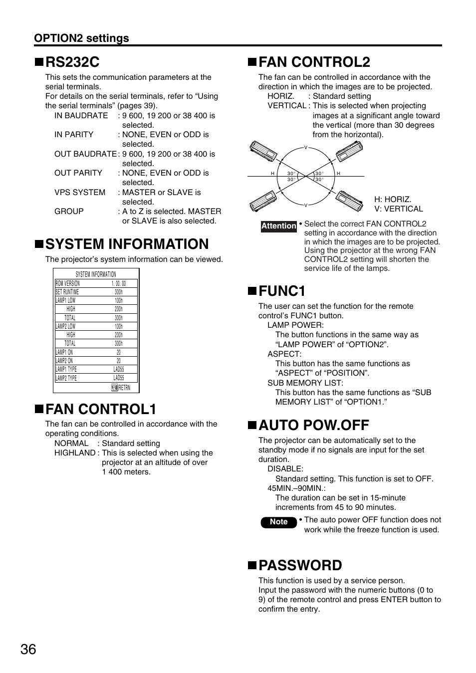 Rs232c, System information, Fan control1 | Fan control2, Func1, Auto pow. off, Password, Auto pow.off, Option2 settings | Panasonic PT-D5600U User Manual | Page 36 / 68