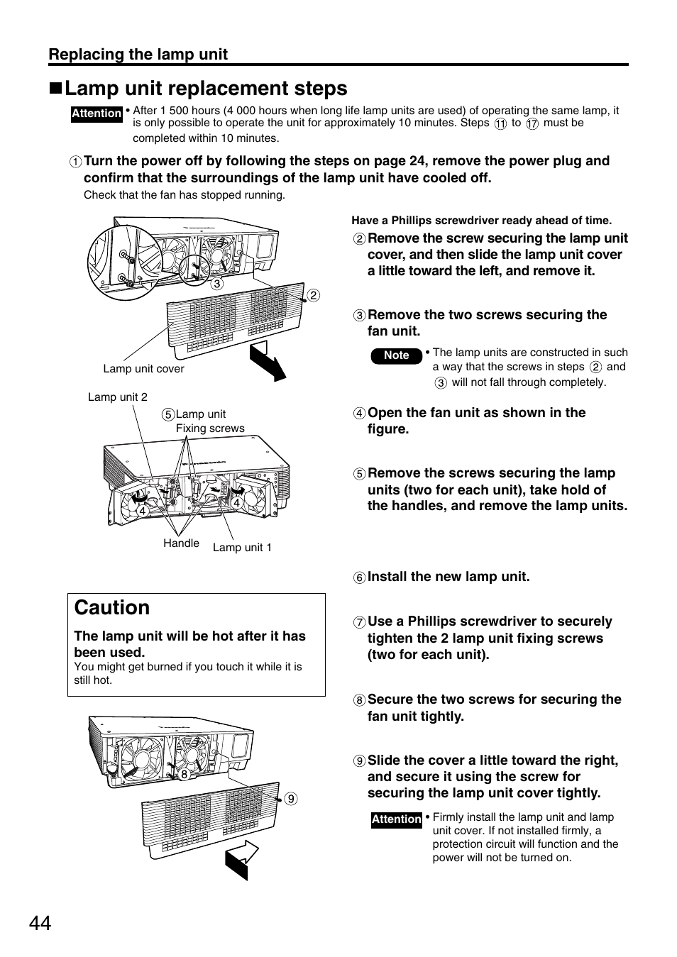 Lamp unit replacement steps, Caution, Replacing the lamp unit | Panasonic PT-D5600U User Manual | Page 44 / 68