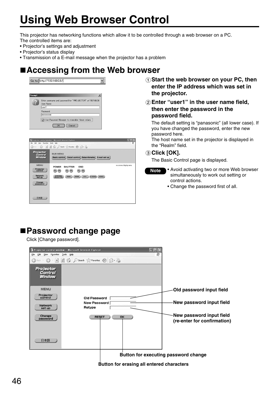 Using web browser control, Accessing from the web browser, Password change page | Panasonic PT-D5600U User Manual | Page 46 / 68