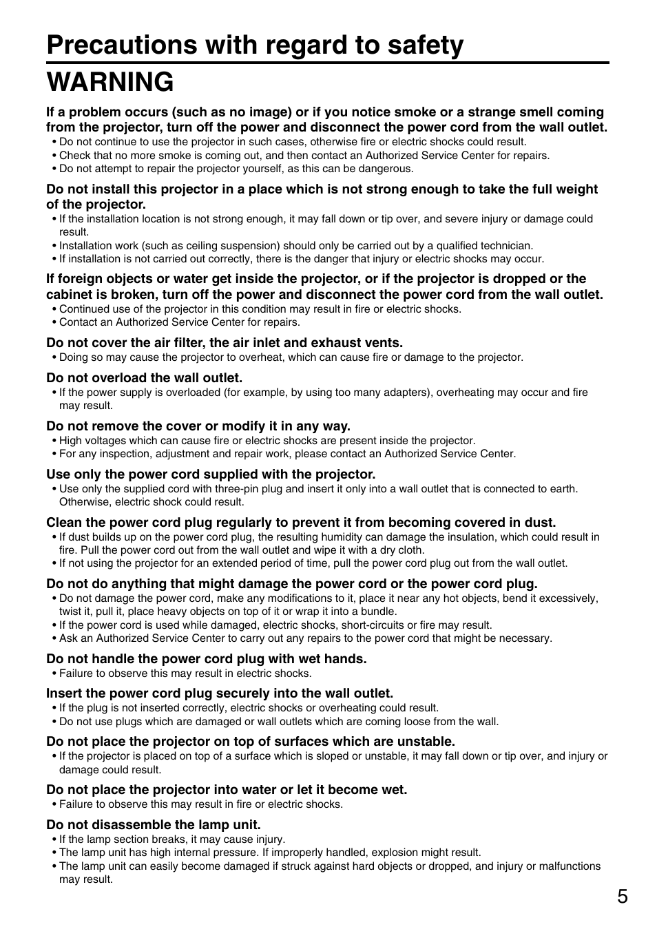 Precautions with regard to safety, Precautions with regard to safety warning | Panasonic PT-D5600U User Manual | Page 5 / 68