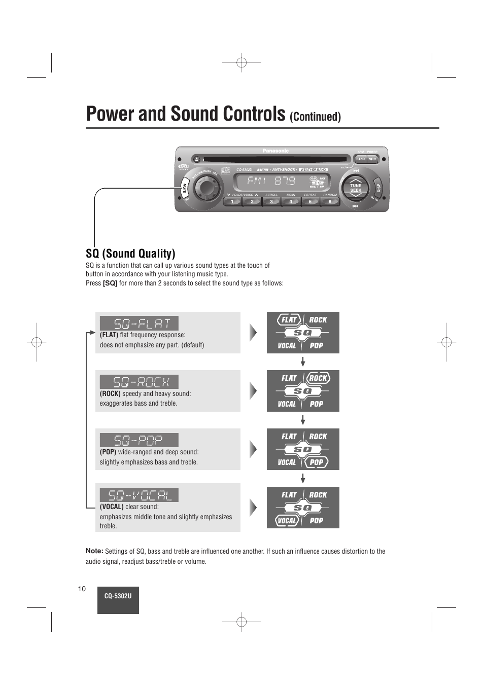 Power and sound controls, Continued) sq (sound quality) | Panasonic CQ-5302U User Manual | Page 10 / 52
