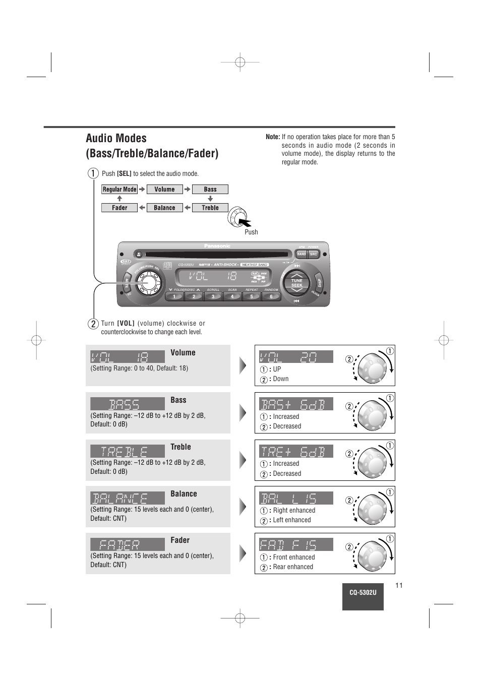 Audio modes (bass/treble/balance/fader) | Panasonic CQ-5302U User Manual | Page 11 / 52