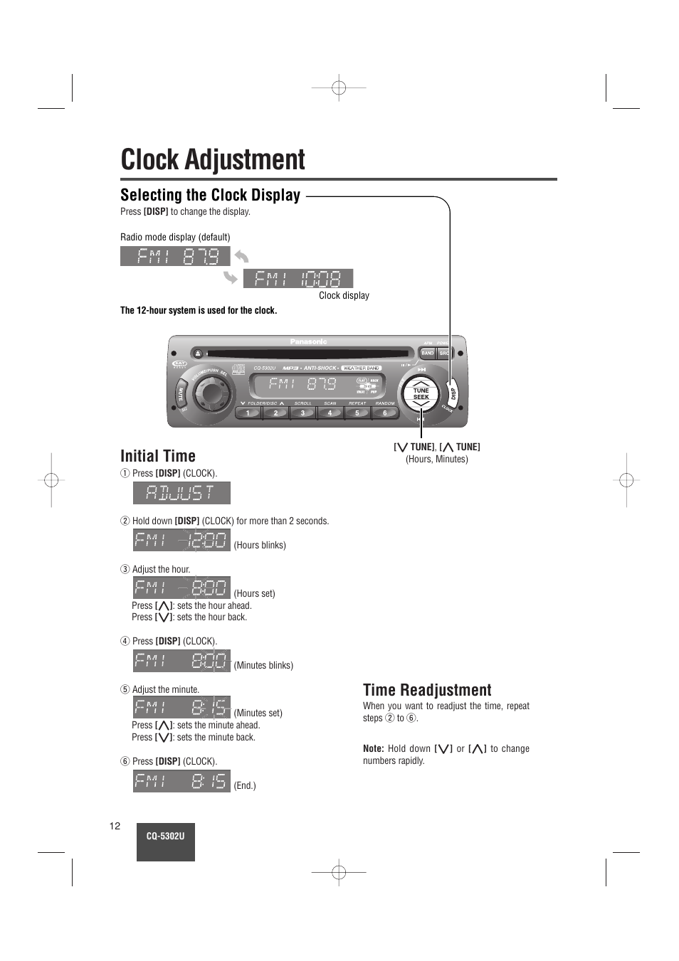 Clock adjustment, Selecting the clock display, Initial time time readjustment | Panasonic CQ-5302U User Manual | Page 12 / 52