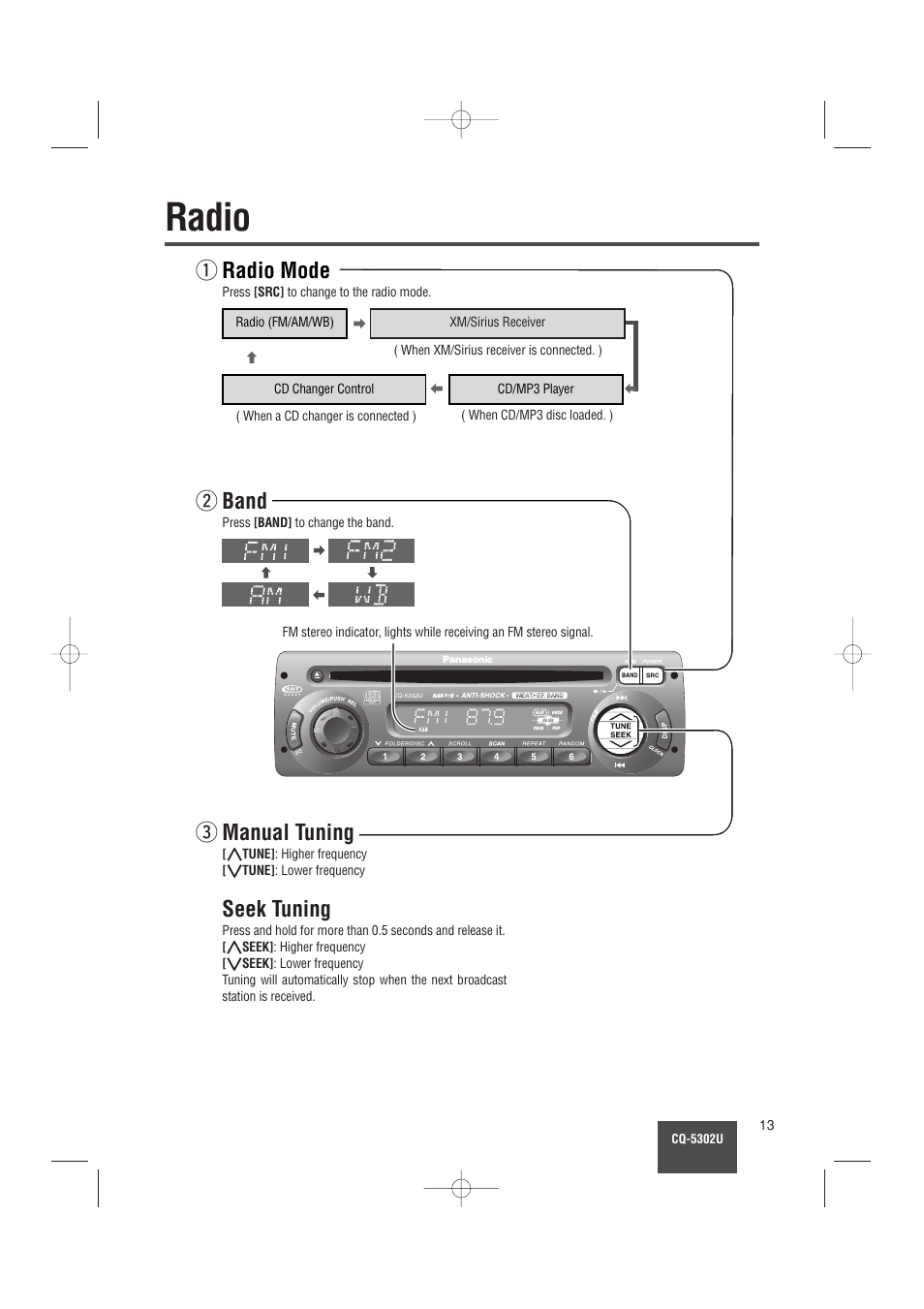 Radio, Radio mode, Band | Seek tuning, Wmanual tuning | Panasonic CQ-5302U User Manual | Page 13 / 52
