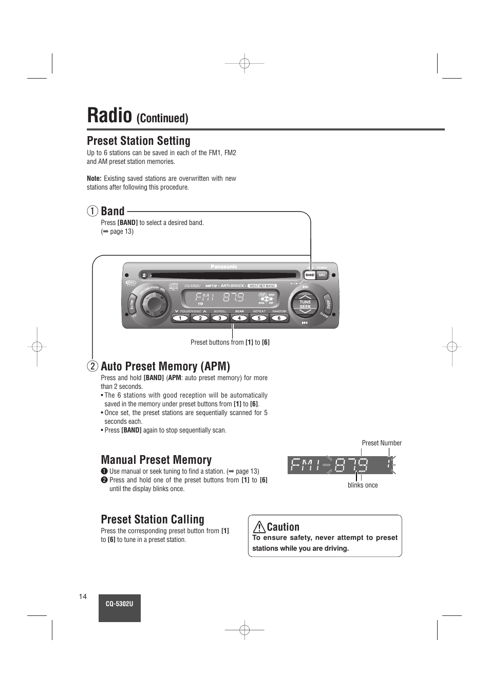 Radio, Preset station setting, Band | Preset station calling, Continued), Caution | Panasonic CQ-5302U User Manual | Page 14 / 52