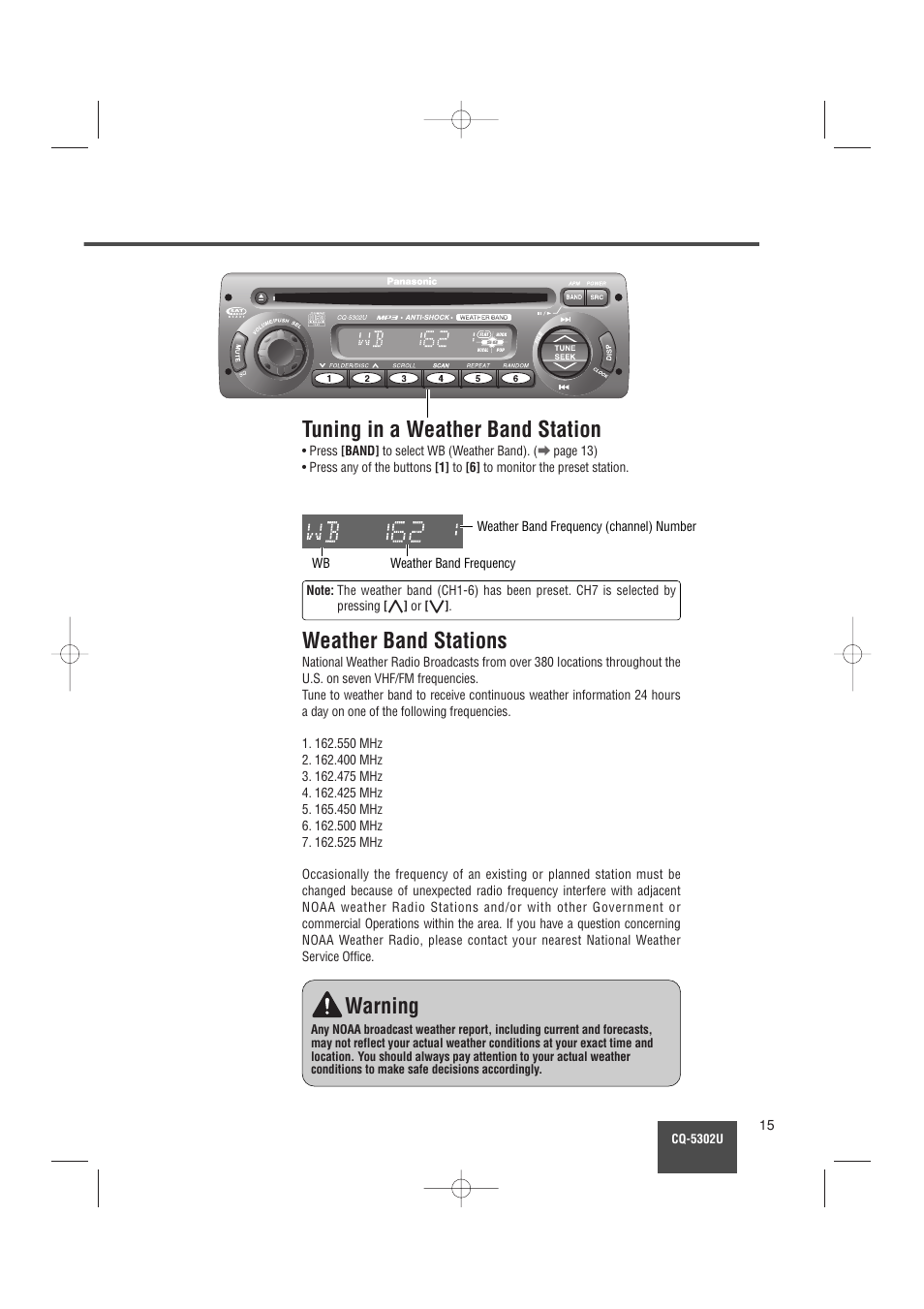Tuning in a weather band station, Weather band stations, Warning | Panasonic CQ-5302U User Manual | Page 15 / 52