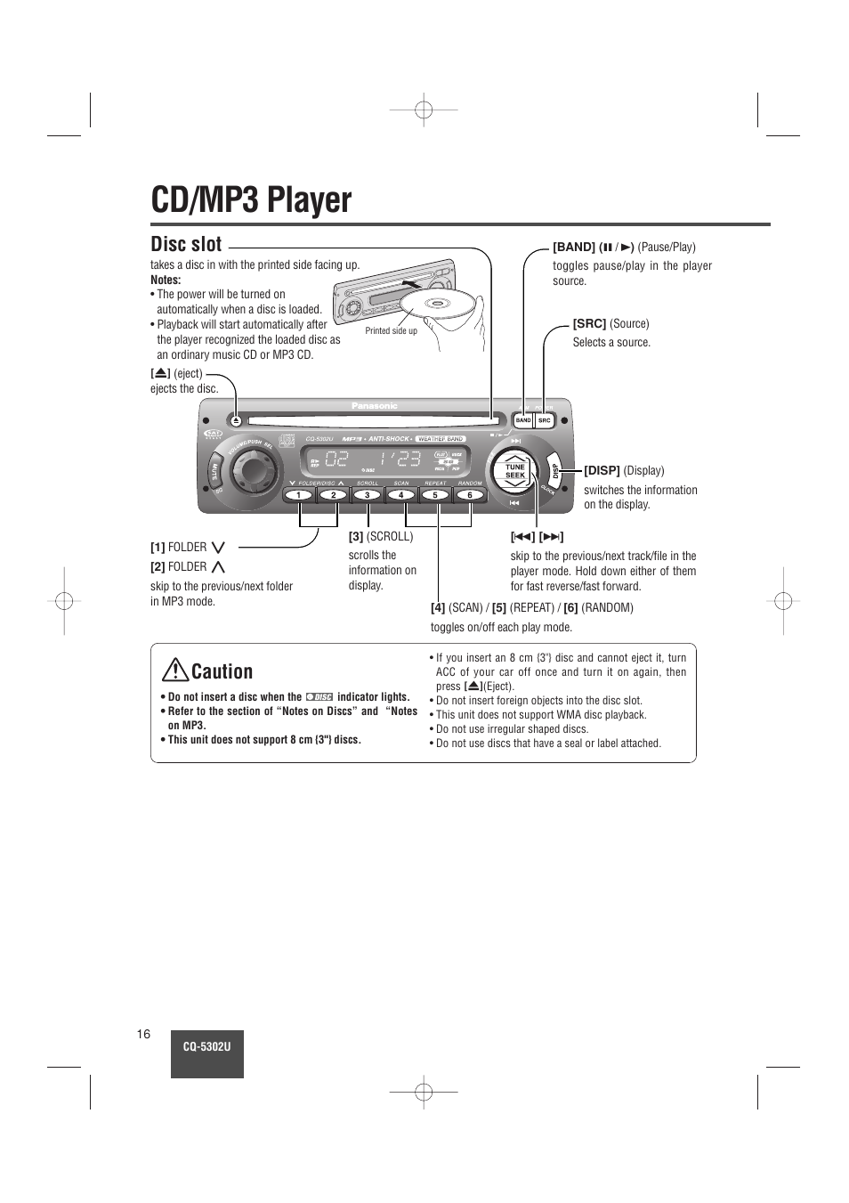 Cd/mp3 player, Disc slot, Caution | Panasonic CQ-5302U User Manual | Page 16 / 52