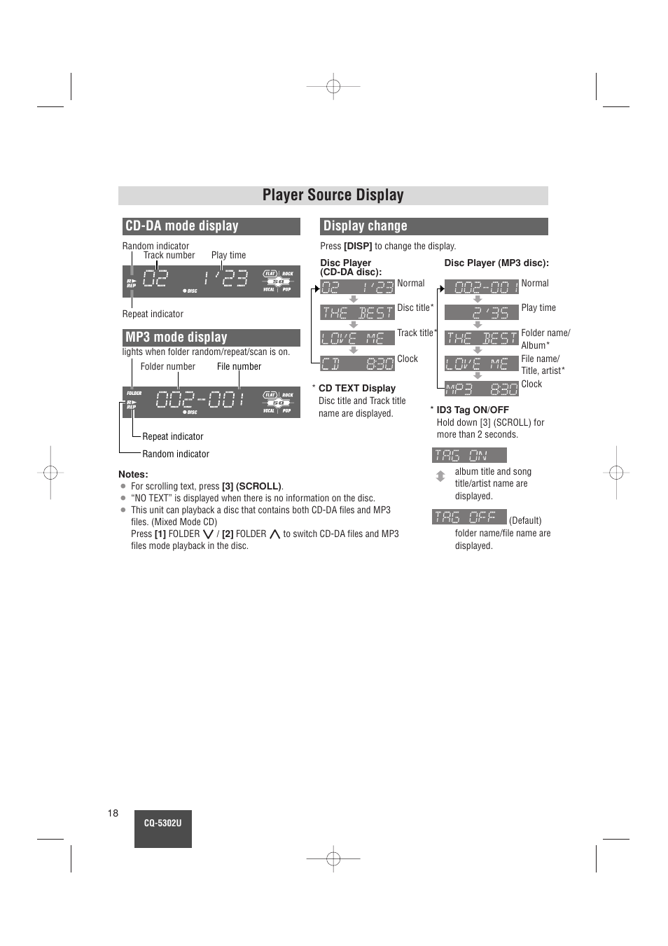 Player source display, Display change, Cd-da mode display | Mp3 mode display | Panasonic CQ-5302U User Manual | Page 18 / 52
