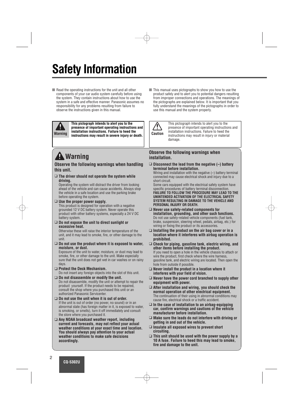 Safety information (part 15 of the fcc rules), Safety information, Warning | Panasonic CQ-5302U User Manual | Page 2 / 52