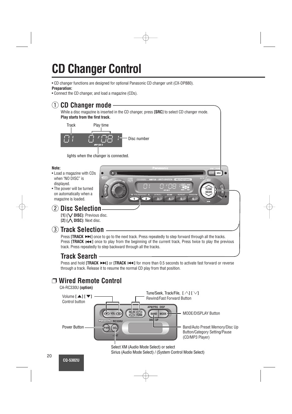 Cd changer control, Q cd changer mode, W disc selection | E track selection, Track search, Wired remote control | Panasonic CQ-5302U User Manual | Page 20 / 52
