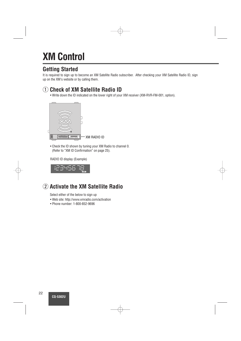 Xm control, Getting started, Q check of xm satellite radio id | W activate the xm satellite radio | Panasonic CQ-5302U User Manual | Page 22 / 52