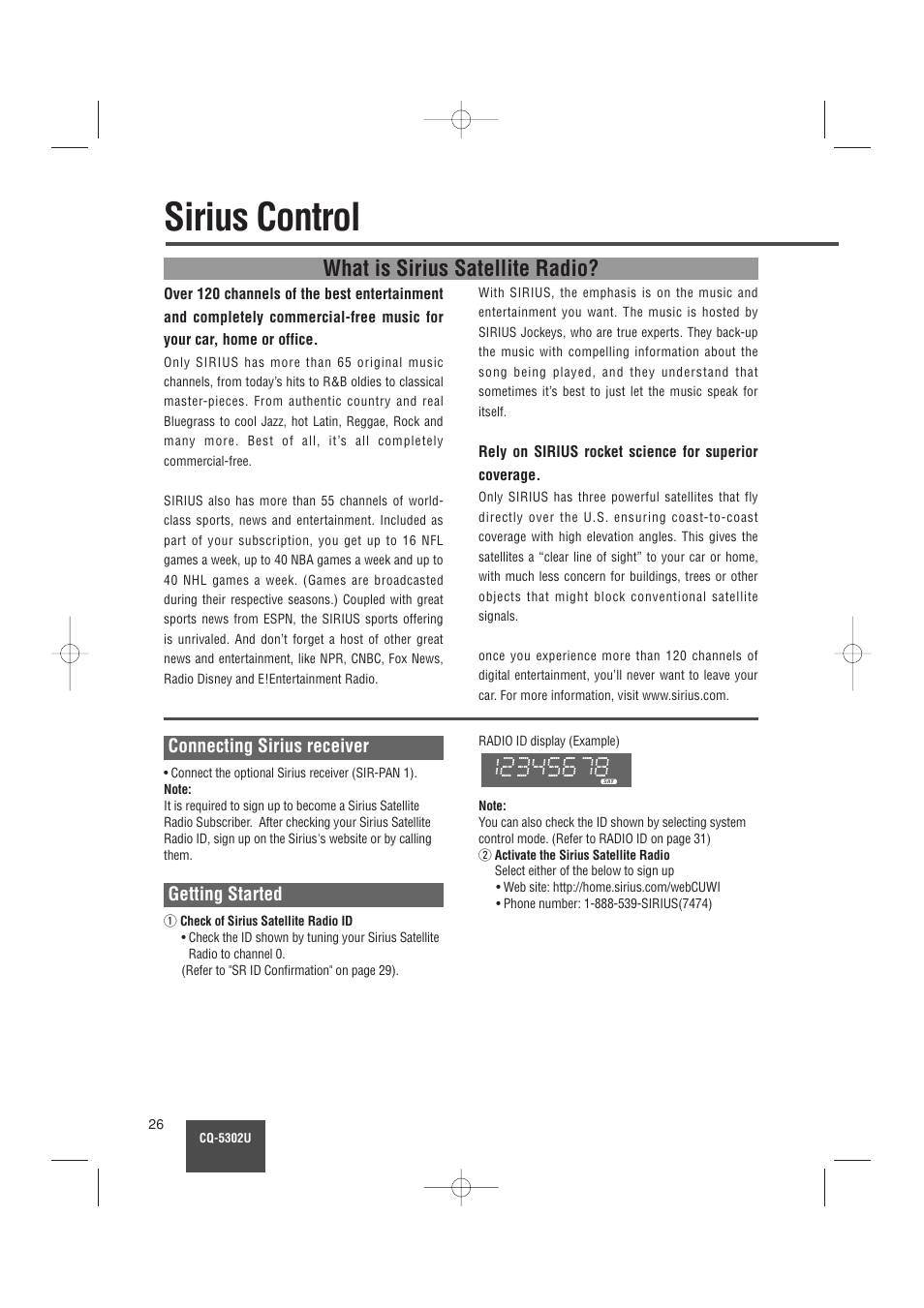 Sirius control, What is sirius satellite radio, Connecting sirius receiver | Getting started | Panasonic CQ-5302U User Manual | Page 26 / 52