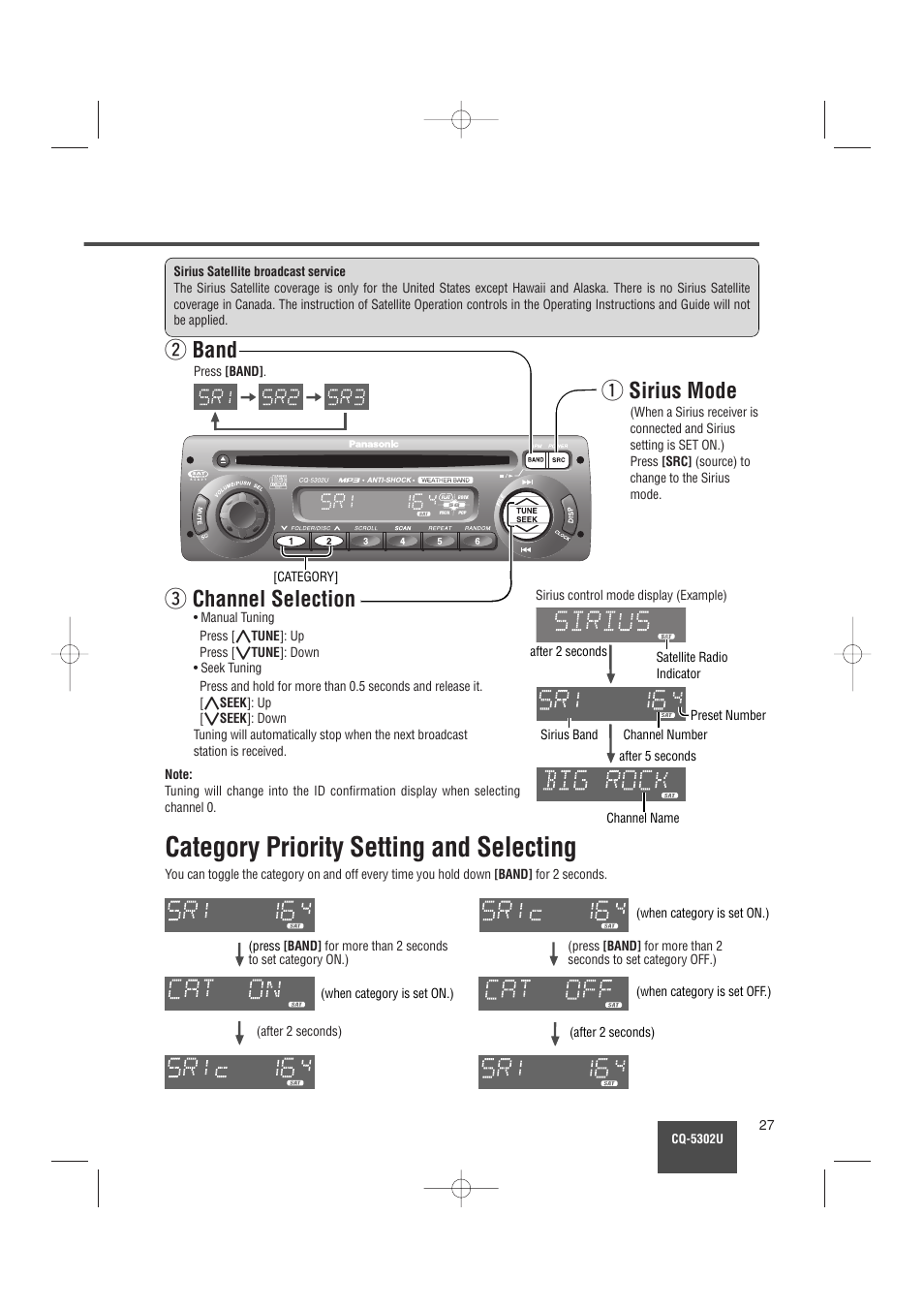 Category priority setting and selecting, Q sirius mode, W band | E channel selection | Panasonic CQ-5302U User Manual | Page 27 / 52