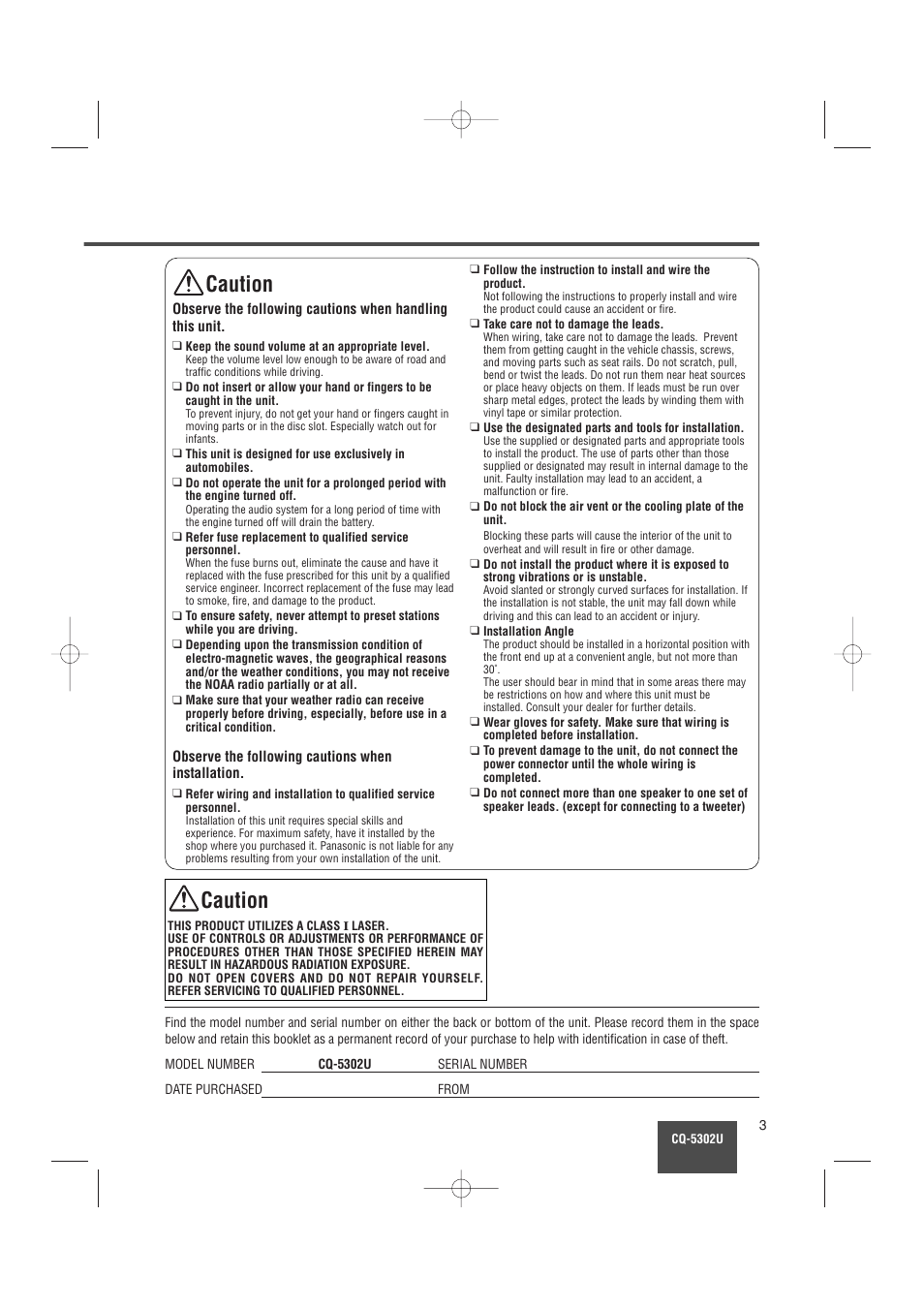 Caution | Panasonic CQ-5302U User Manual | Page 3 / 52