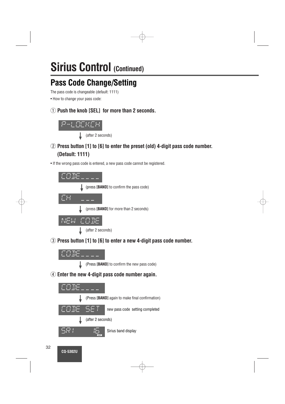 Sirius control, Pass code change/setting, Continued) | Panasonic CQ-5302U User Manual | Page 32 / 52