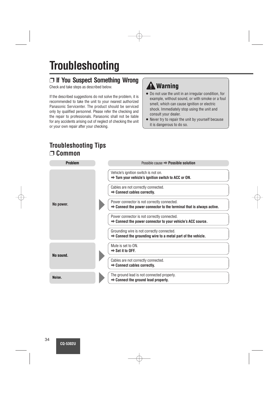 Troubleshooting, If you suspect something wrong, Warning | Troubleshooting tips ❐ common | Panasonic CQ-5302U User Manual | Page 34 / 52