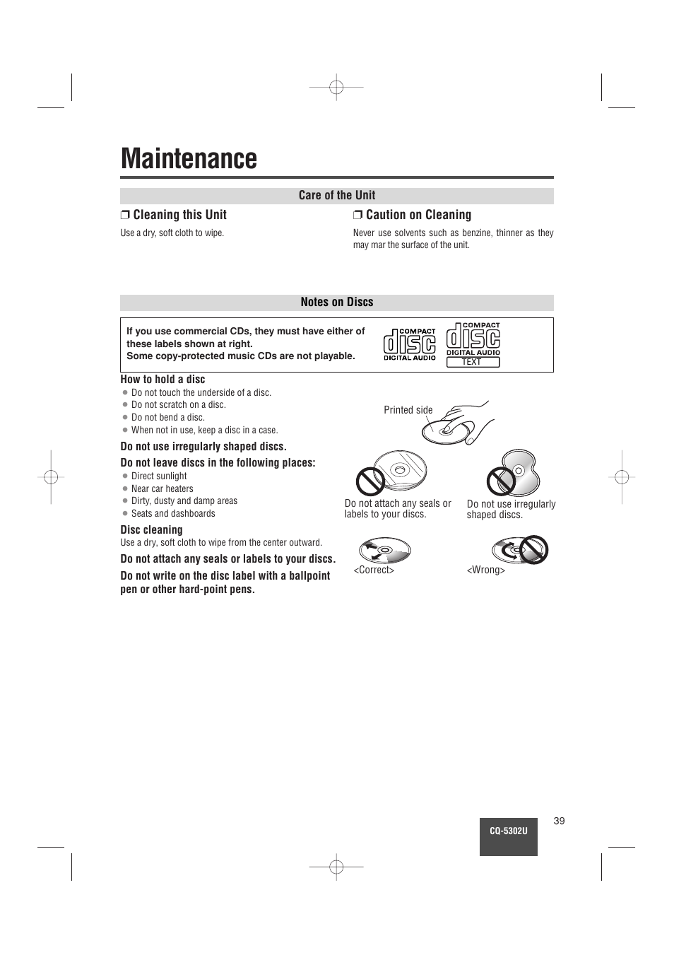 Maintenance | Panasonic CQ-5302U User Manual | Page 39 / 52