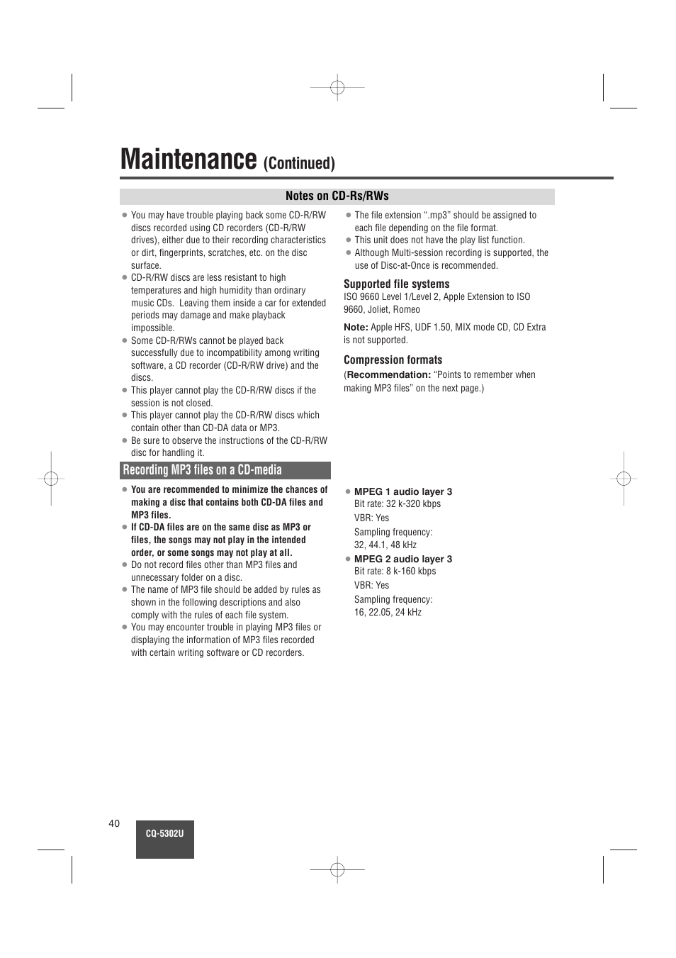 Maintenance, Continued), Recording mp3 files on a cd-media | Panasonic CQ-5302U User Manual | Page 40 / 52