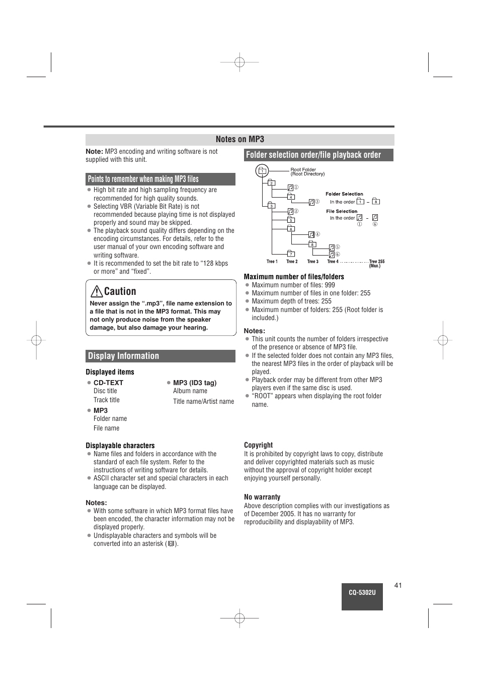 Caution, Points to remember when making mp3 files, Display information | Folder selection order/file playback order | Panasonic CQ-5302U User Manual | Page 41 / 52
