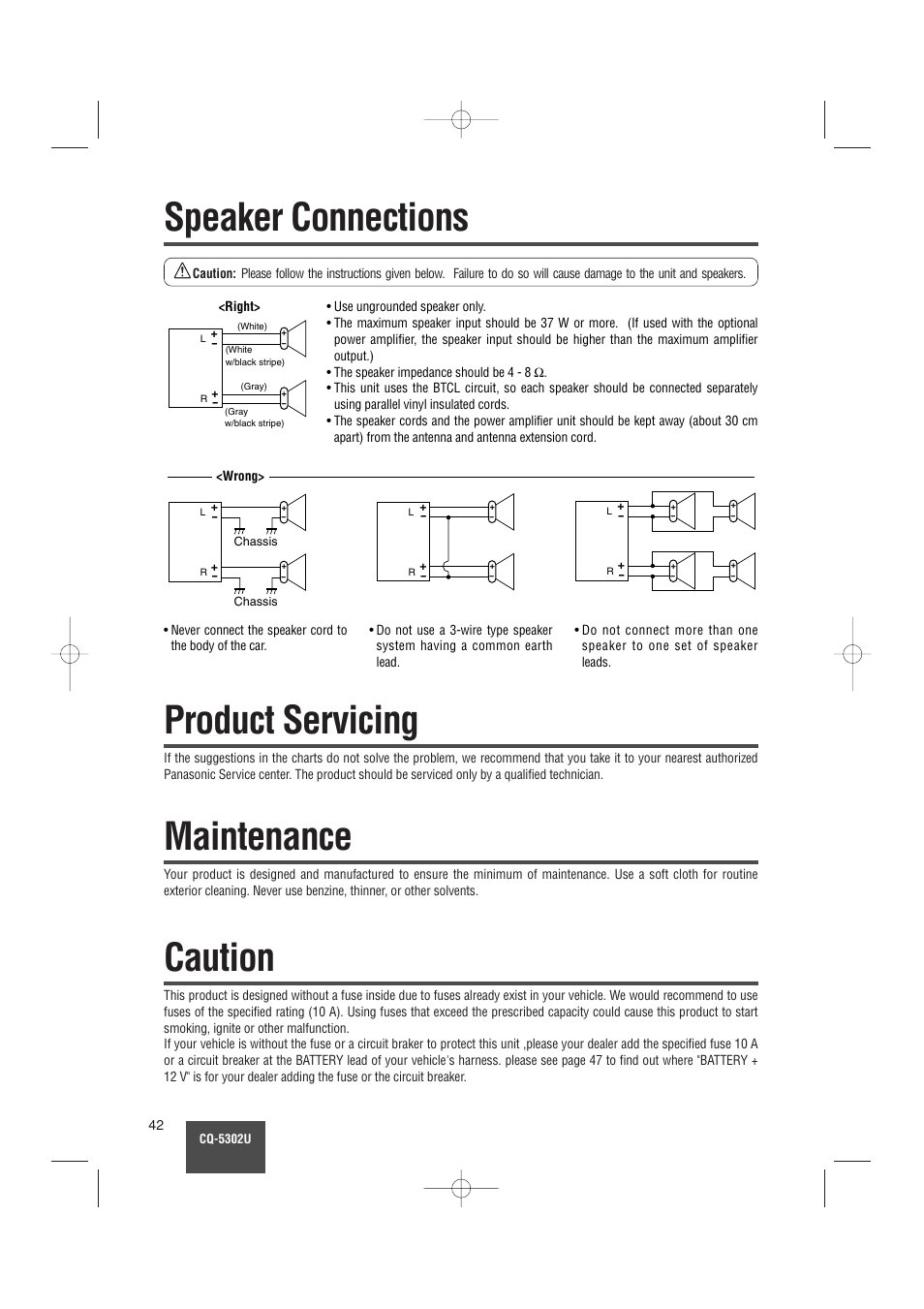 Speaker conwctions, Speaker connections, Product servicing | Maintenance, Caution | Panasonic CQ-5302U User Manual | Page 42 / 52